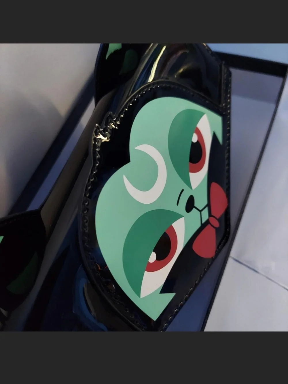 Killstar Black Patent Cat Face Clutch with Mint and Coral Details